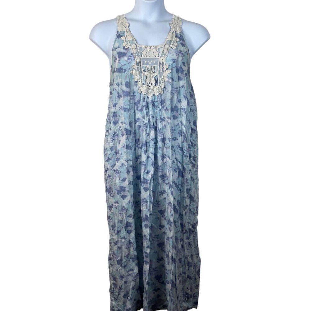 Soft Surroundings Large Long Night Gown Dress Maxi 100% Cotton Blue Purple Print